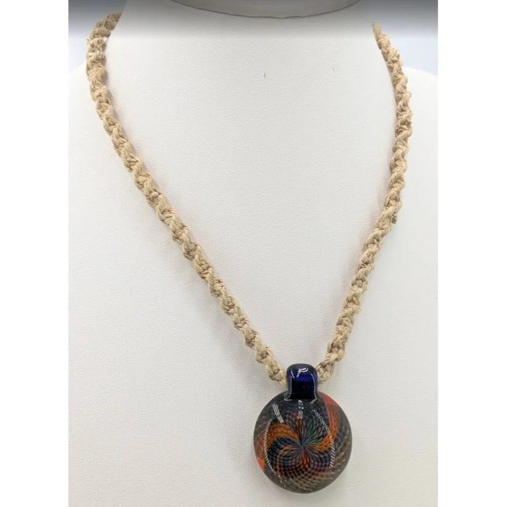 Art Glass Vortex Implosion Pendant Necklace Orange Blue Hemp Cord 21 Inch 34mm - Picture 7 of 12